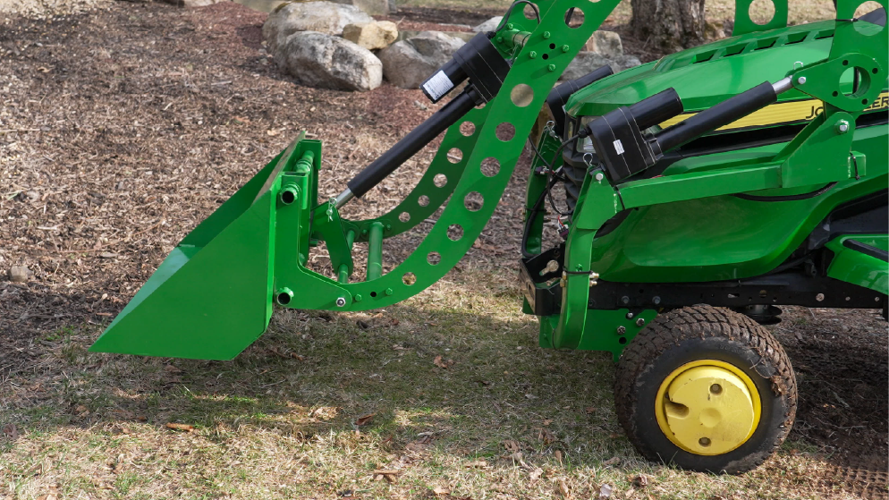 LGM-100 electric front end loader on John Deere lawn tractor in suburban NJ yard