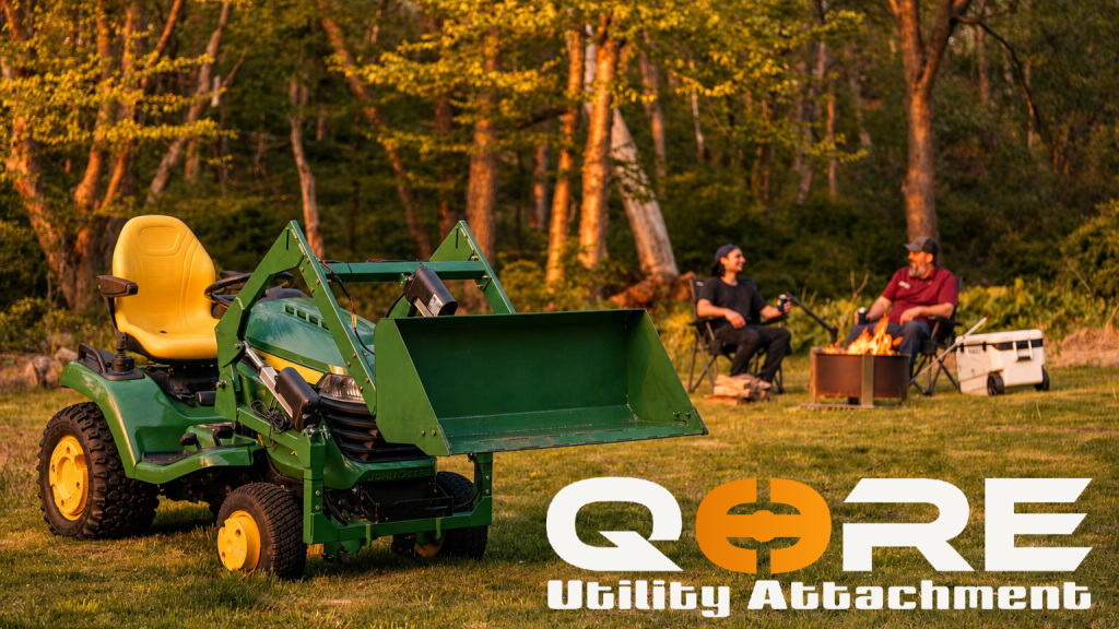 Electric front-end loader attachment for John Deere X300 / X500 tractors operating at sunset
